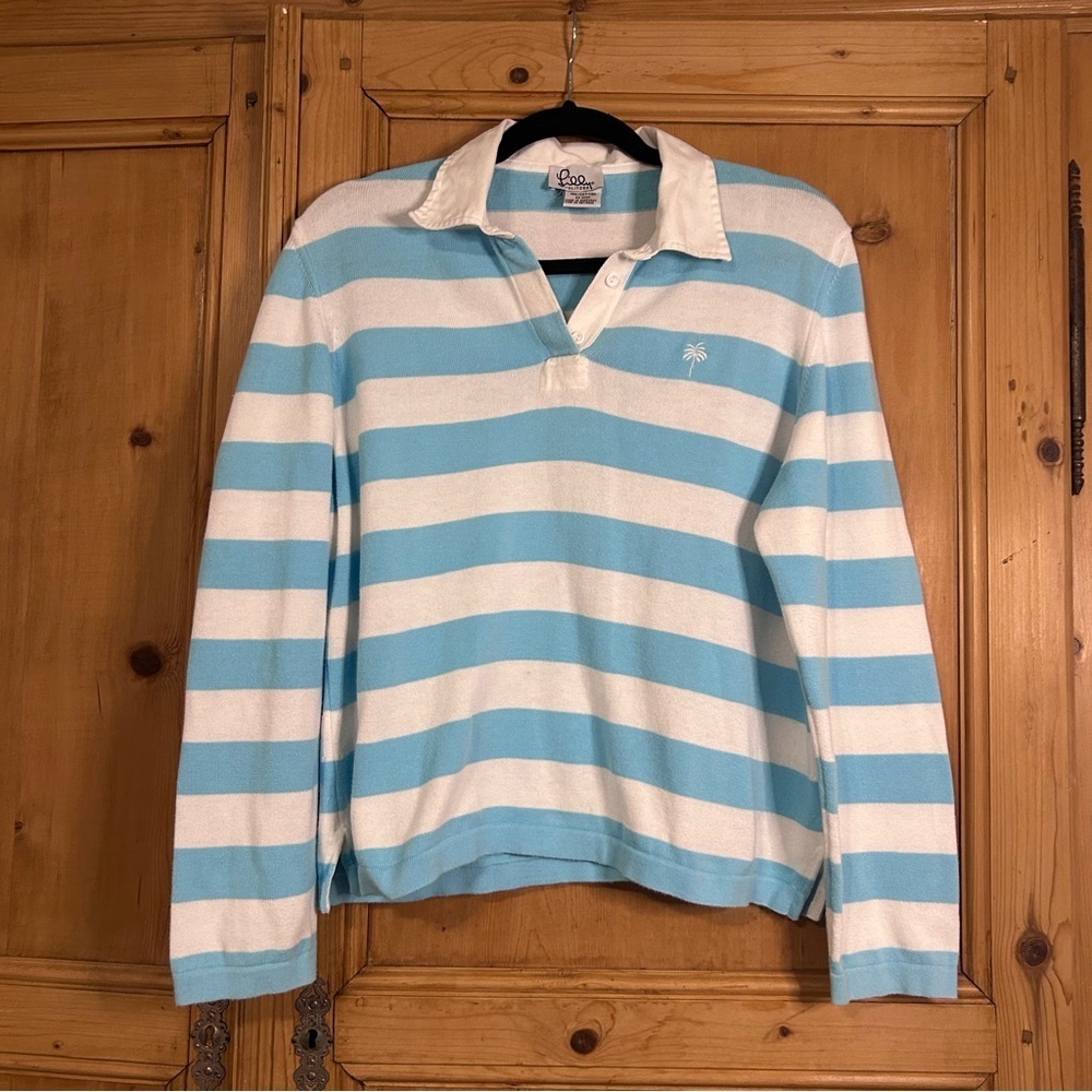 VTG Lilly Pulitzer Women’s Aqua Blue & White Striped Cropped Polo Sweater Sz XL